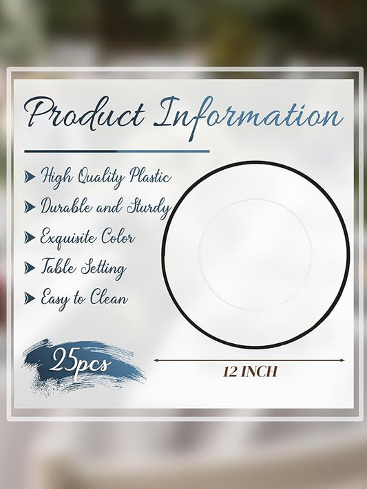 WDF 25 Pack Black Charger Plates - Clear Charges with Black Trim - 12inch Disposable Chargers Plates for Graduation Wedding Party Birthday Dinner