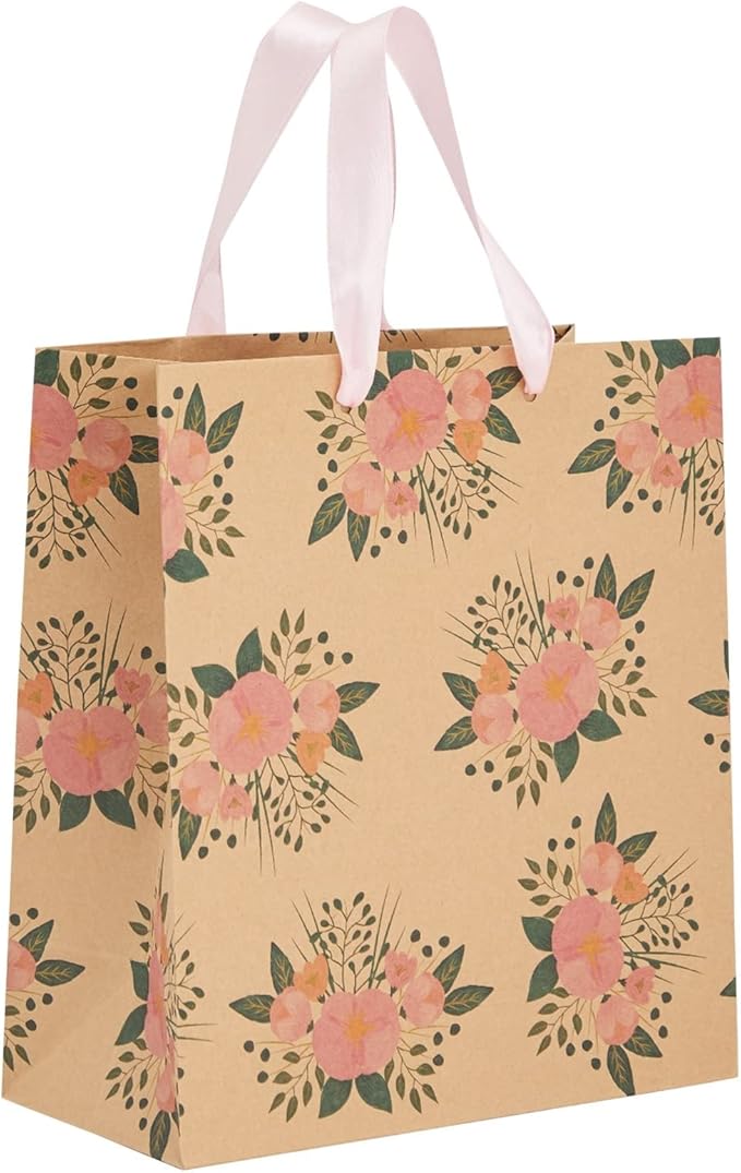 Juvale Floral Gift Bags - Reinforced Bottom & Ribbon Handles - Party Favor Bags - 8 x 4 x 9 in, Pack of 24, Pink