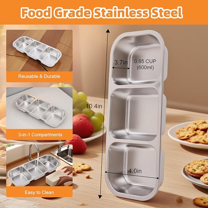 Stainless Steel Snack Containers with Lids, Reusable Condiment Storage Box, Divided Food Storage for School, Home, Travel, Multiple Compartment Leak-Proof Box (3 Compartment)