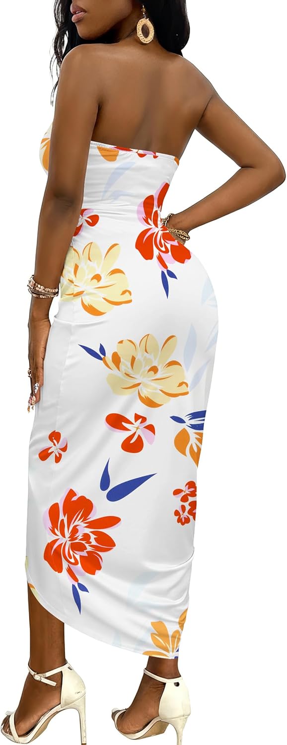 Umenlele Women's Strapless Ruched High Waist Wrap Split Asymmetrical Beach Maxi Long Dress