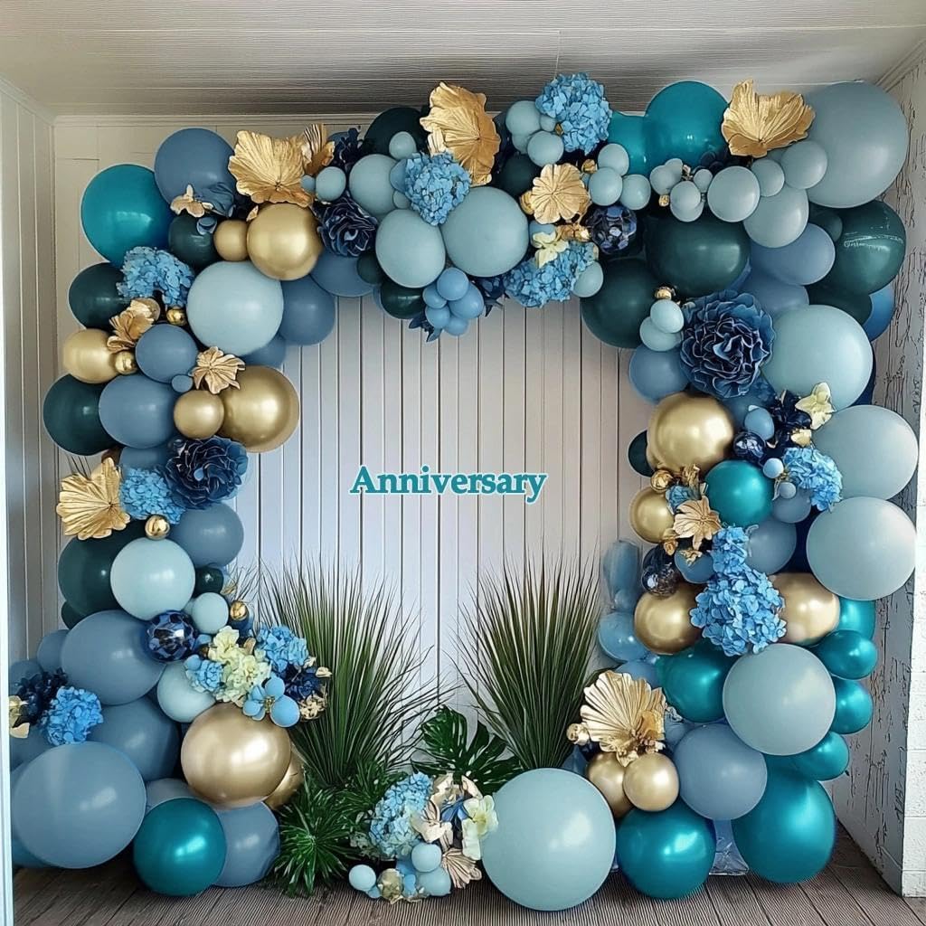 Teal Blue Gold Balloons Double Stuffed Latex Dusty Blue Turquoise Balloon Different Sizes Teal Gold Balloon Garland for Birthday Wedding New Year Anniversary Baby Shower Ocean Party Decor