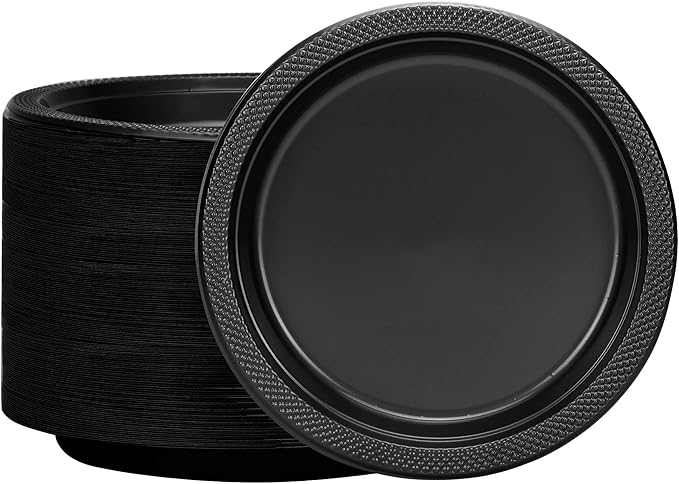 Hanna K. Signature Black Plastic Plates 9 Inch - 600 count - Plastic Solid Round Party Plates For Weddings, BBQs, Birthday Plates - Disposable Black Plates - Plastic Dessert Plates