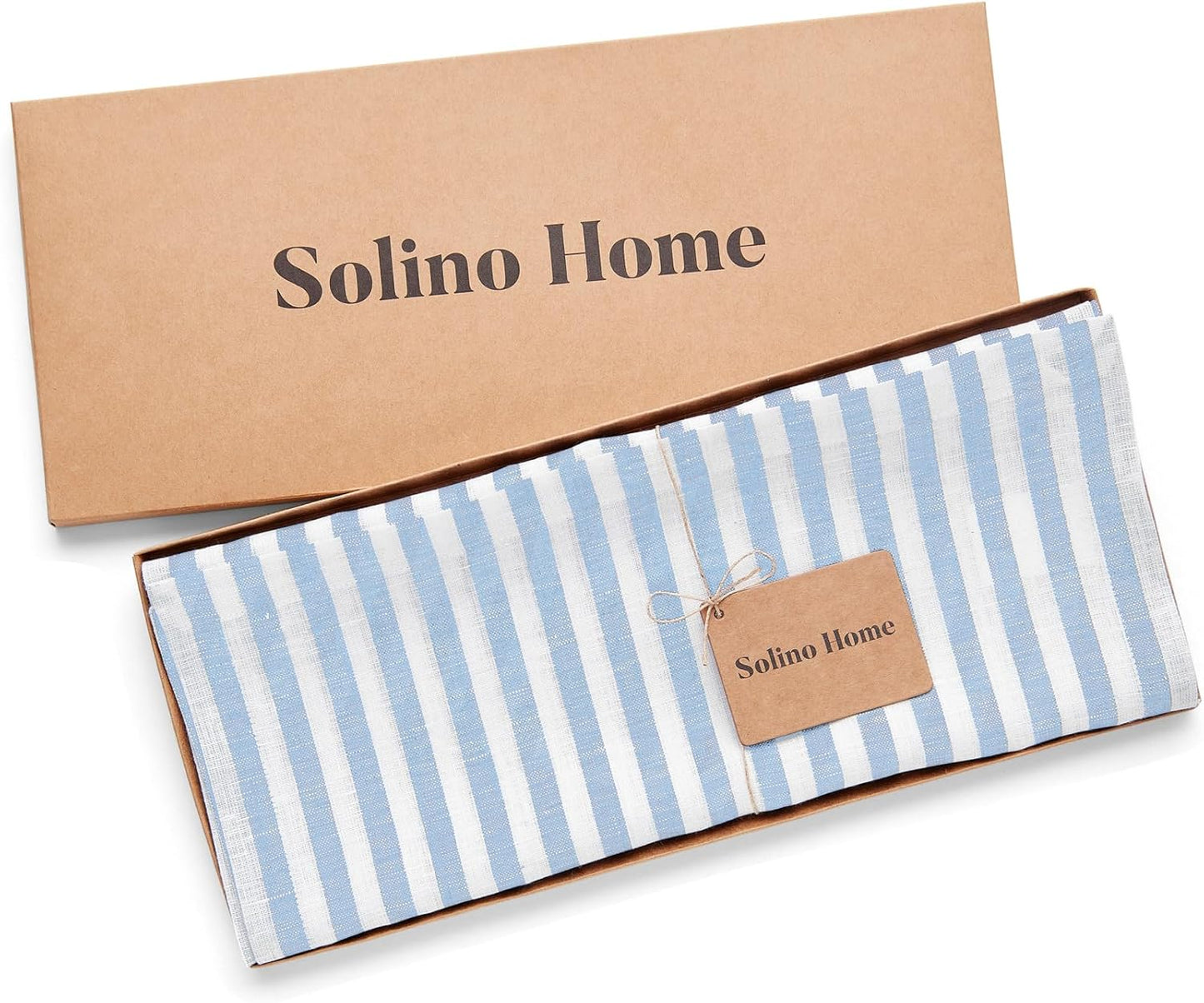 Solino Home Linen Table Runner 108 Inches Long - Amalfi Stripe, 100% Pure Linen Sky Blue and White Table Runner 14 x 108 Inch for Dining, Christmas