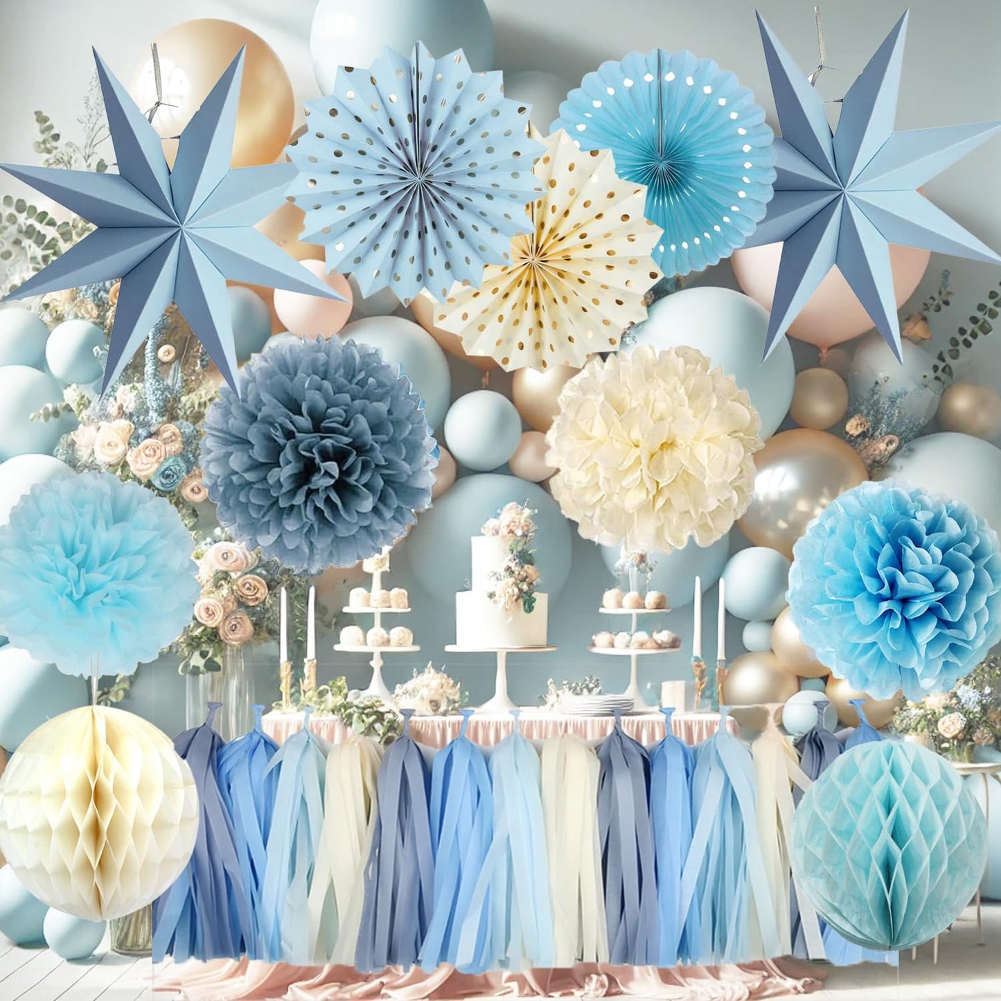 Blue Party Decorations,15PCS Dusty Blue Beige Birthday Decorations for Women Men Girl Boy,Hanging Backdrop Decor for Engagement,Boho Wedding,Baby Shower,Bridal Shower,Garden Party