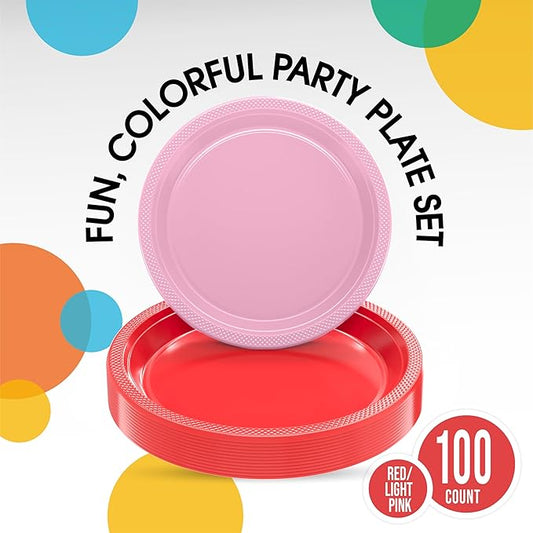 Party Solids Red & Pink Plastic Plates For Party Supplies, Red & Pink Disposable Plates 100 Pieces - 50-7" & 50-9" Heavy Duty 350 GSM Disposable Dinnerware Sets, Plastic Dinnerware Sets
