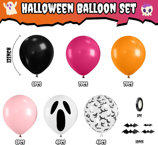 Orange Pink Halloween Balloons – 12 Inch Ghost & Bat Print Latex Balloons for Kids Girls Birthday & Halloween Party Decorations