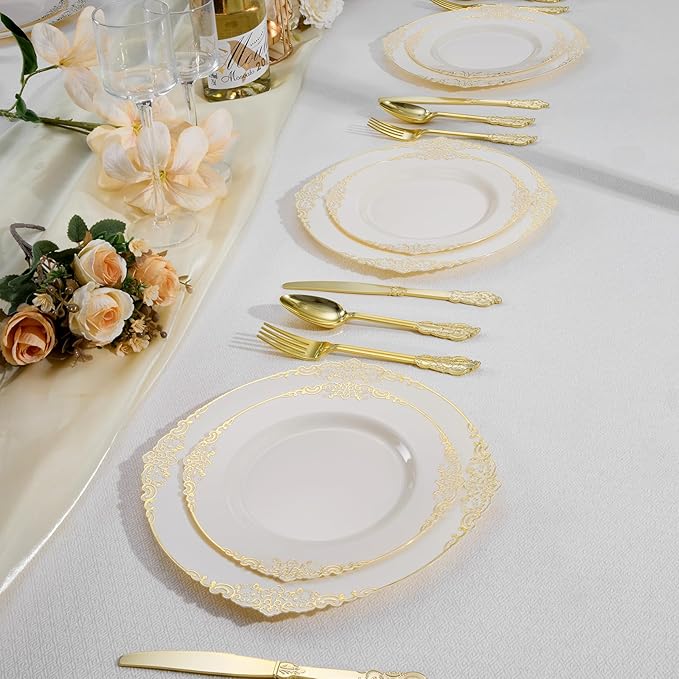 100 PCS Ivory and Gold Plastic Plates for 50 Guests, Gold Disposable Plates Include 50 PCS Dinner Plates, 50 PCS Dessert Plates for Party, Wedding and Graduation (100, Ivory White)