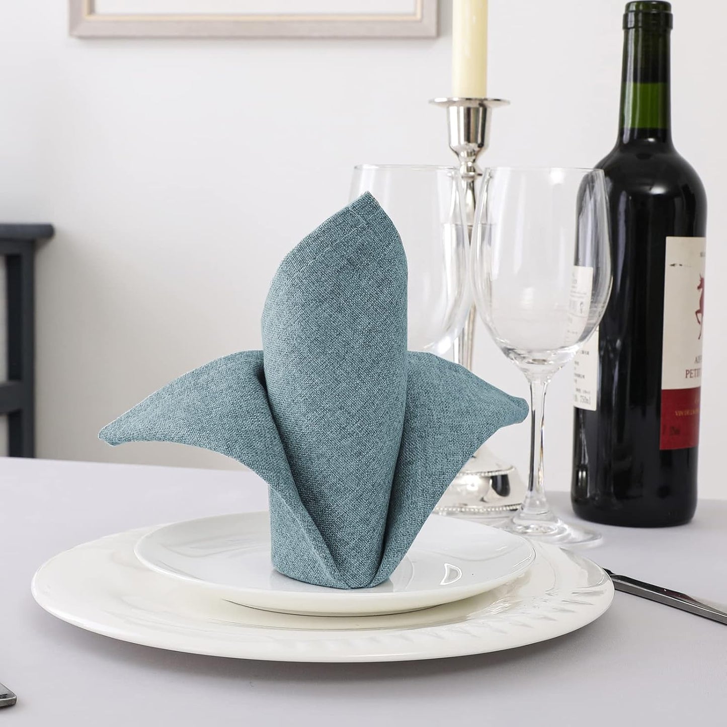 H.VERSAILTEX Linen Textured Cloth Napkins Set of 12 (18" X 18") Linen Textured Dinner Napkins Waterproof Extra Soft Thick Durable Reusable Napkins with Hemmed Edges, Heather Stone Blue