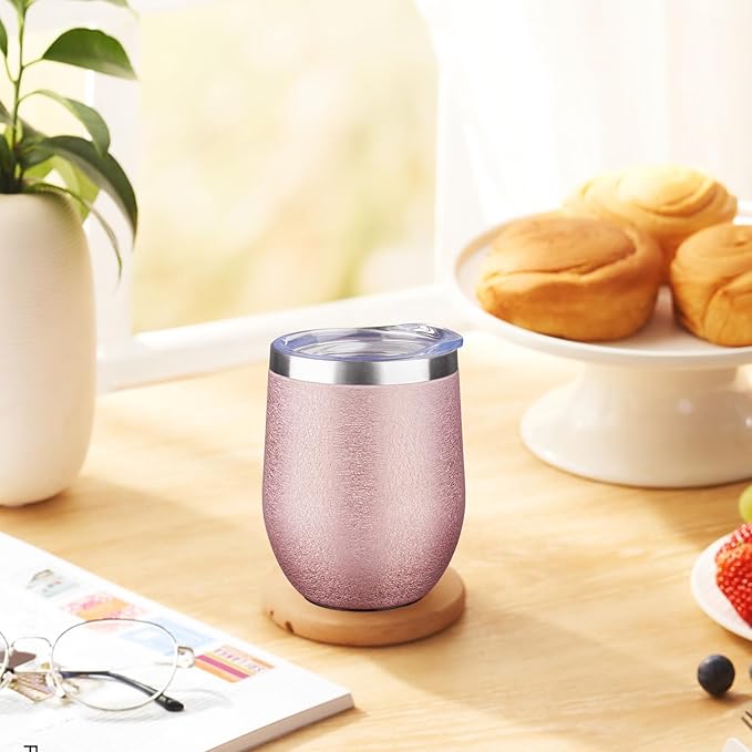 12 oz Insulated Wine Tumbler with Lid and Straw Double Wall Vacuum Insulated Wine Cup Stainless Steel Wine Tumbler Glasses for Coffee,Champaign,Office (Wrinkle Paint Rose Gold,1)
