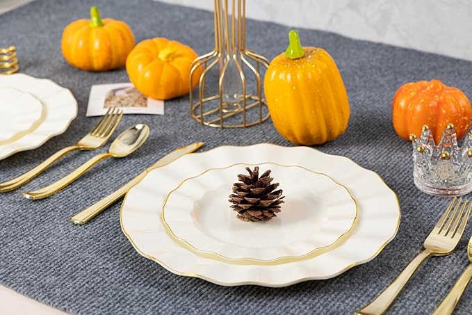 HIGH END 100 Pcs Ivory Wave Plastic Plates with Gold Trim, Fancy Disposable Plate Sets Include 50 Dinner & 50 Dessert Plastic Plates, Elegant Disposable Plate Set For Party, Thanksgiving (50 Guests)