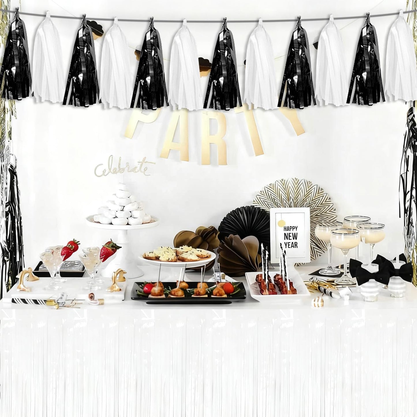 4P Black White Tassel Banner Garland Metallic Foil Fringe Banner Tinsel Tassels Streamer Banner Backdrop for Parade Floats Graduation, Halloween, Christmas, Father's Day Party Decorations