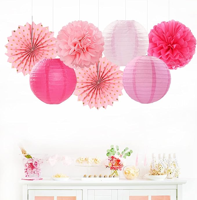 Rose Hot-Pink Valentines-Day Party-Decorations Streamers - 14pc Girl Birthday Baby Shower Paper Lanterns Fan,Tissue Pom Poms,Honeycomb Balls,Bachelorette Bridal Wedding Supplies Decor Lasting Surprise
