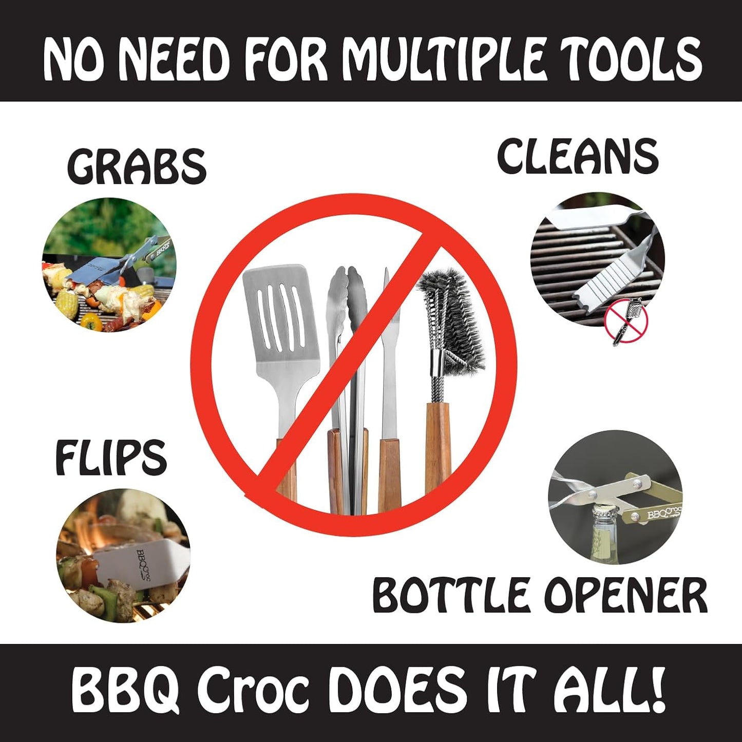 BBQ Croc 3-in-1 Barbecue Tool 15-inch - Pack of 2 - Extra Light Tongs, Spatula and Grill Scraper (Green) (15 inch Without Flashlight)
