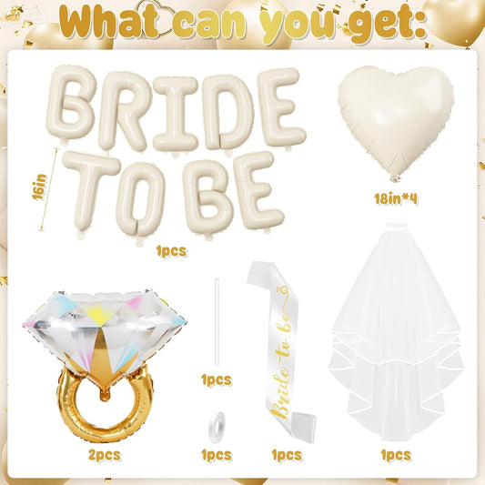 Sand White Bachelorette Party Decorations, Cream White Bride To Be Banner Heart Balloons with Diamond Ring Foil Balloon, Bride To Be Sash&Veil for Bachelorette Engagement Bridal Shower Party Supplies