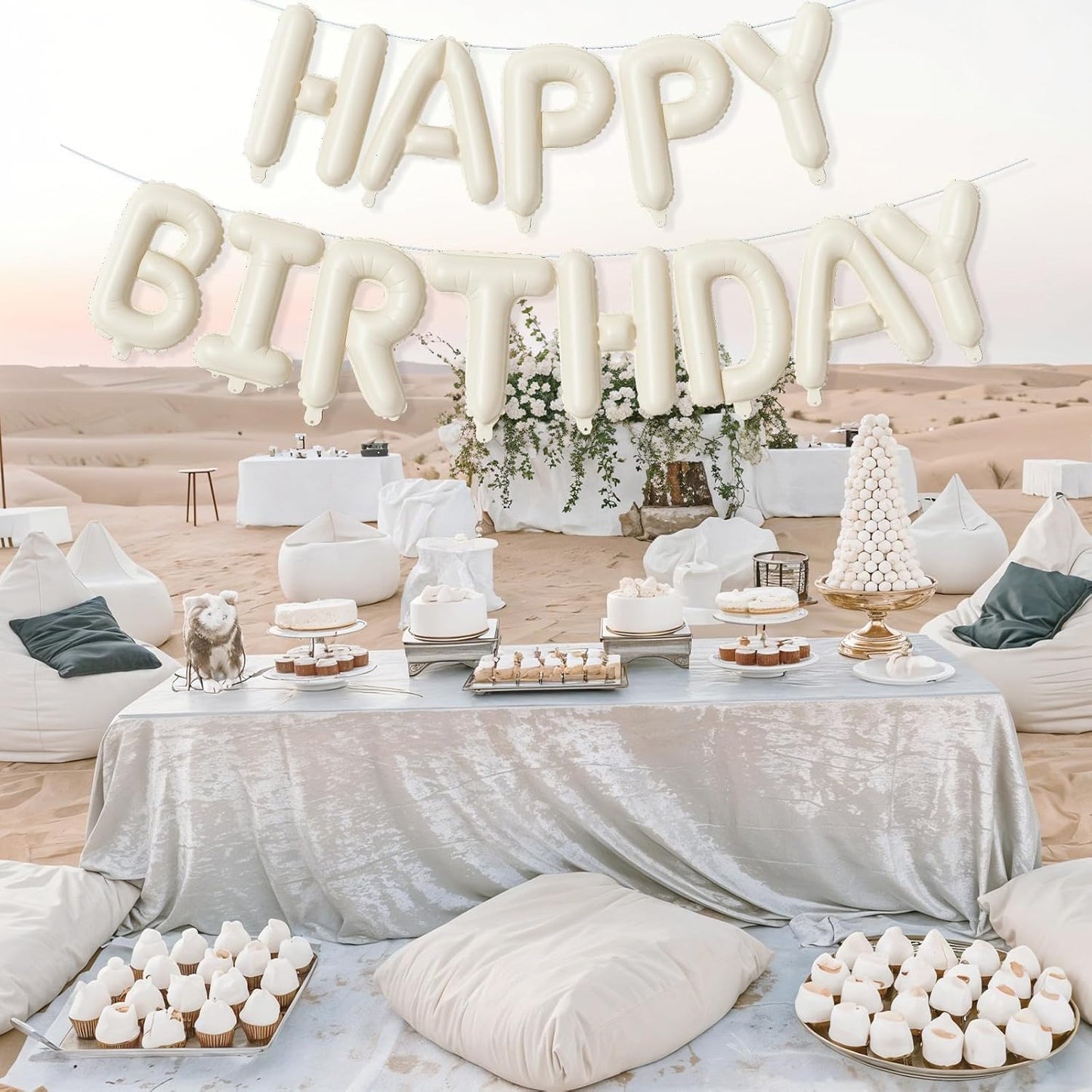 Cream Happy Birthday Balloon Banner, Neutral Beige Happy Birthday Foil Balloon, 16 Inch Ivory White Sand Born Day Bunting Banner Letter Balloons for Men Women Birth Party Decorations Supplies