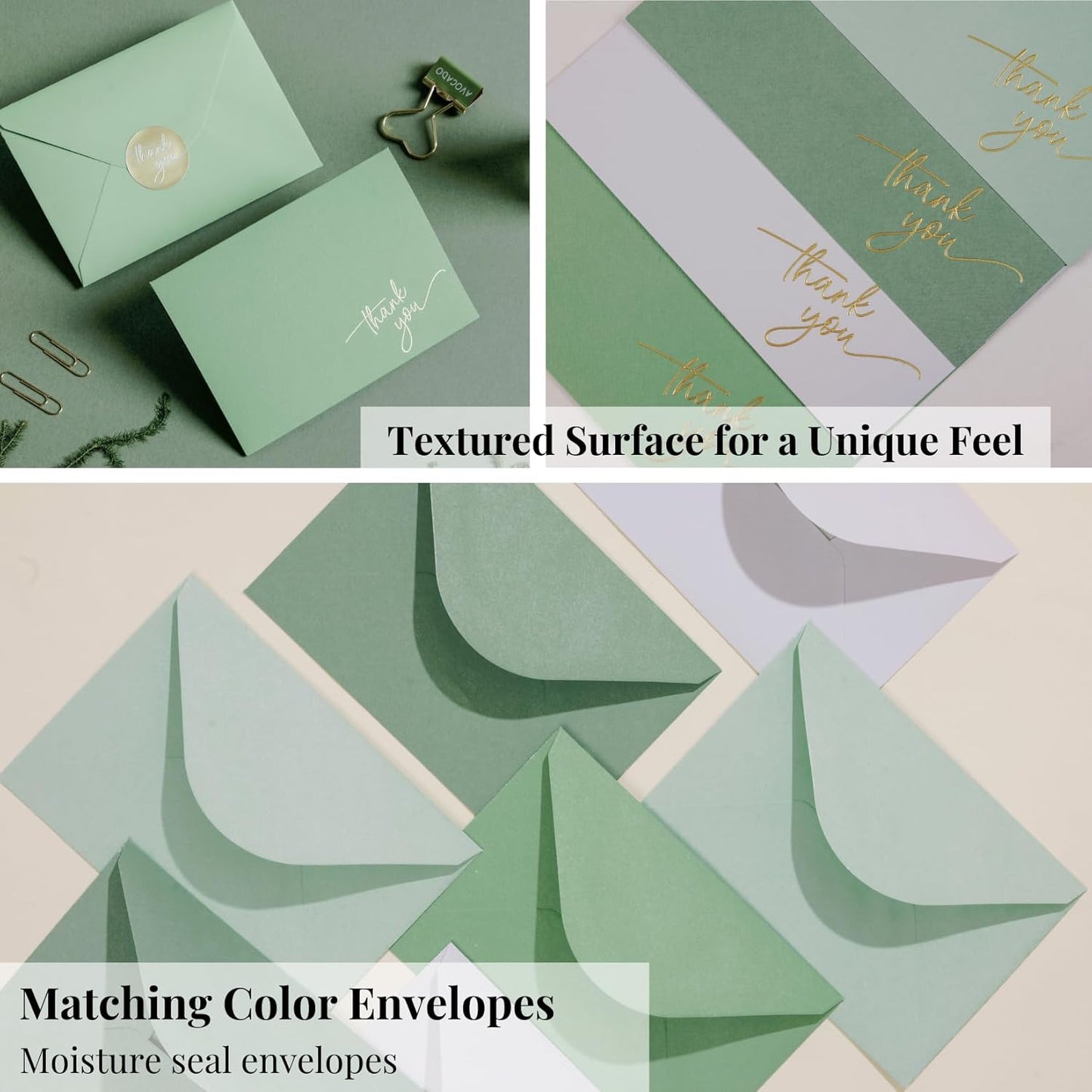 Gold Foil Thank You Cards - Bulk Pack of 40, 5x3.5 Inch with Matching Stickers & Envelopes (Green) Textured Surface for a Unique Feel - Suitable for Baby Shower, Wedding, Small Business, Graduation
