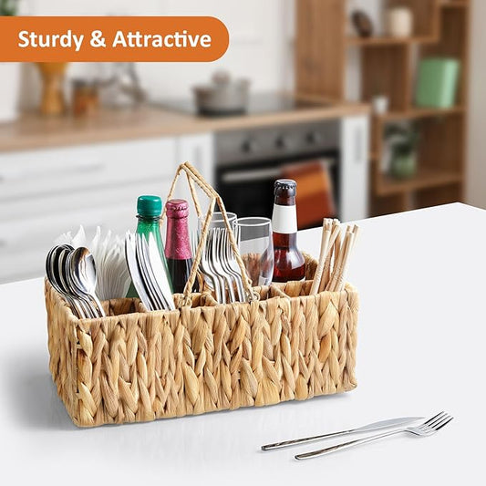 Silverware Holder for Party, Wicker Utensil Caddy, Woven Picnic Caddy for Plates, Water Hyacinth Cutlery Basket, Hosting Essentials Organizer