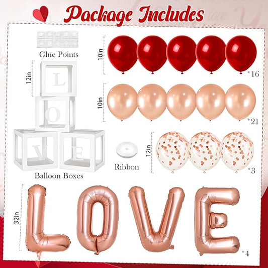 Valentines Day Party Decorations, Balloon Boxes with Letters/ 32" LOVE Balloons/Rose Gold and Red Balloons for Galentines Mothers Day Wedding Proposal Engagement Anniversary Party Decorations