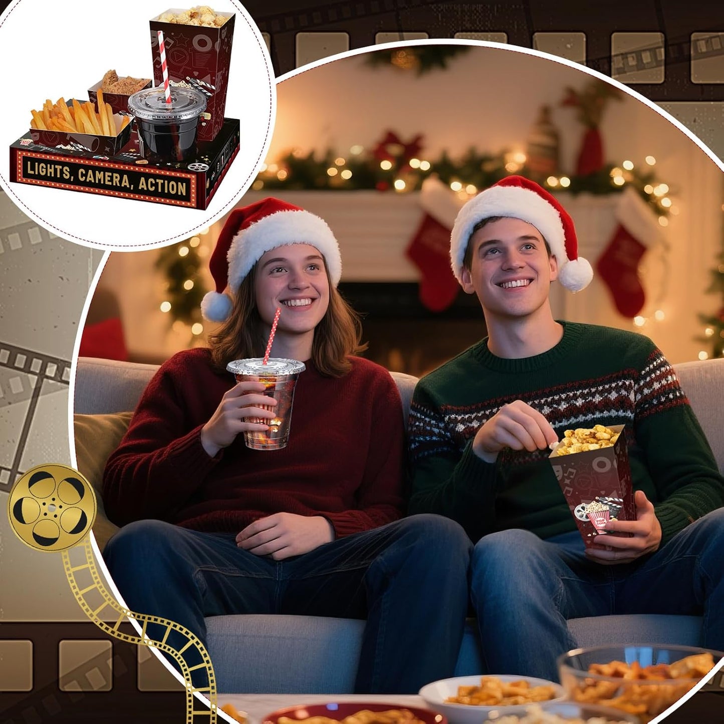 Bokon 172 Pcs/ 24 Sets of Christmas Movie Night Snack Trays 3 Sizes Snack Boxes, 16 oz Disposable Drinks Cups, 50 Straws, Complimentary Sealing Stickers for Cinema Party Decoration(Plastic,Cinema)