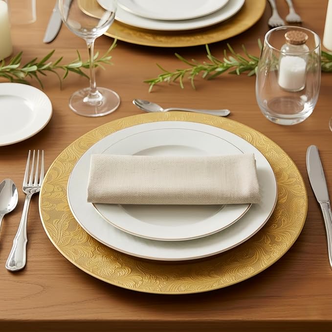 ZOOFOX 12 Pack Gold Charger Plates, 13" Plastic Round Antique Plate Chargers for Dinner Plates, Floral Charger Plates for Wedding Dinner Party Table Setting Decor