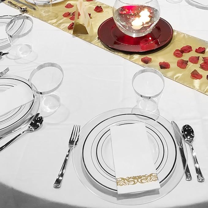 13 Inch Charger Plates, 8 Pack, Clear Charger Plates with Silver Rim, Heavy Duty Disposable Plastic Chargers for Dinner, Elegant Dining, Wedding, Party, Formal Event Decoration (8, Silver)