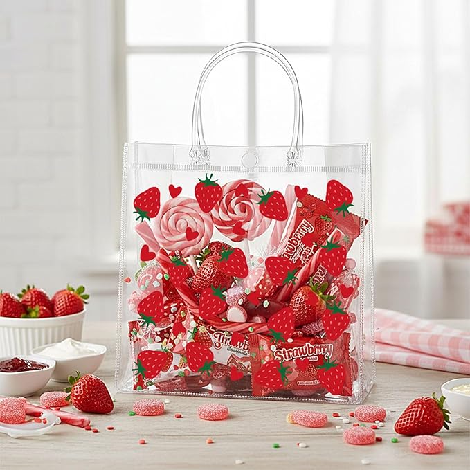 Kacctyen 24 Pcs Gift Bags for Party Favor Clear Goodie Bags with Handle 7.87 x 7.87 x 3.15 Return Gift Wrap Totes for Guests Treat Candy Wrapping(Strawberry)
