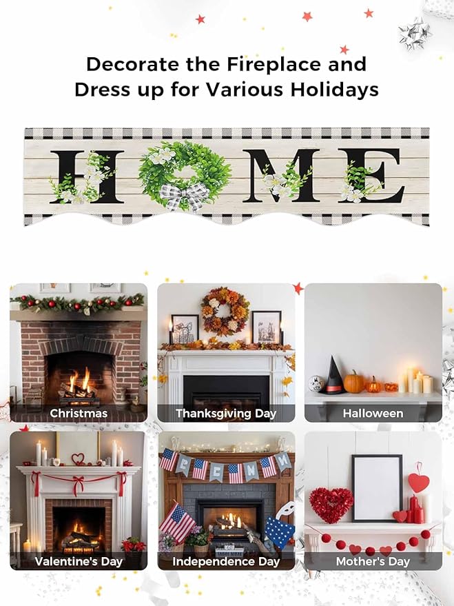 Rustic Home Fireplace Mantel Scarf Table Runner,Eucalyptus Leaves Floral Wooden Buffalo Plaid Winter Garland Mantel Top Tablerunners Dresser Scarves Cover for Windows Party Living Room 60"x17"