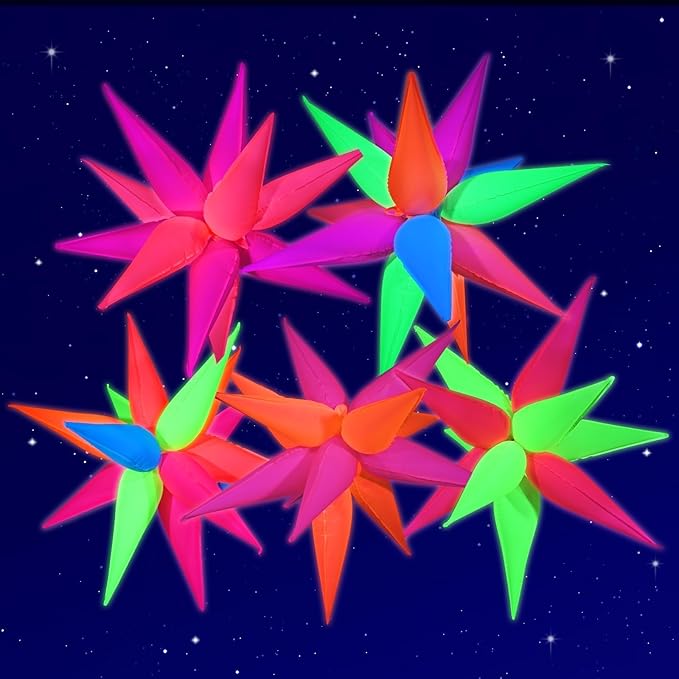 Mega-L Glow in The Dark Party Supplies, 5 Pcs Neon Explosion Star Balloons Kit, Neon Party Decorations, DIY Neon Balloon with 12 point Cone Balloons for Arches Birthday Wedding Carnival