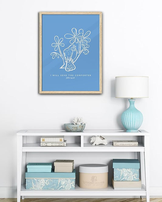 EcoHest OAK Wood Jesus Framed Wall Art, 12x16in John 14:16 I Will Send The Comforter Bible Verse Christian Wall Art, Modern Blue Bedroom Decor For Living Room Bathroom Christian Merch Gift 1Pack