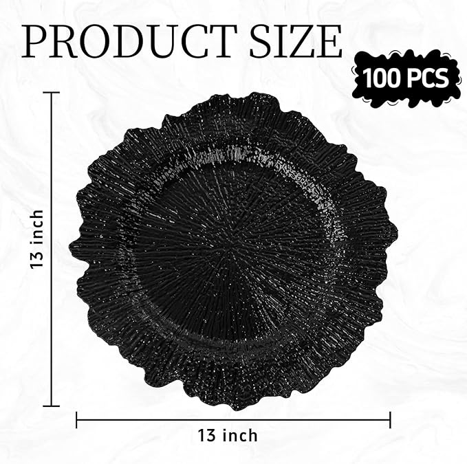 EI 50pcs Black Charger Plates With Reef High-end,13 Inch Black Chargers Heavy duty for Dinner Plates,Decorative Plate for Afternoon Tea,Wedding,Events,Business Events,Hotel Banquets