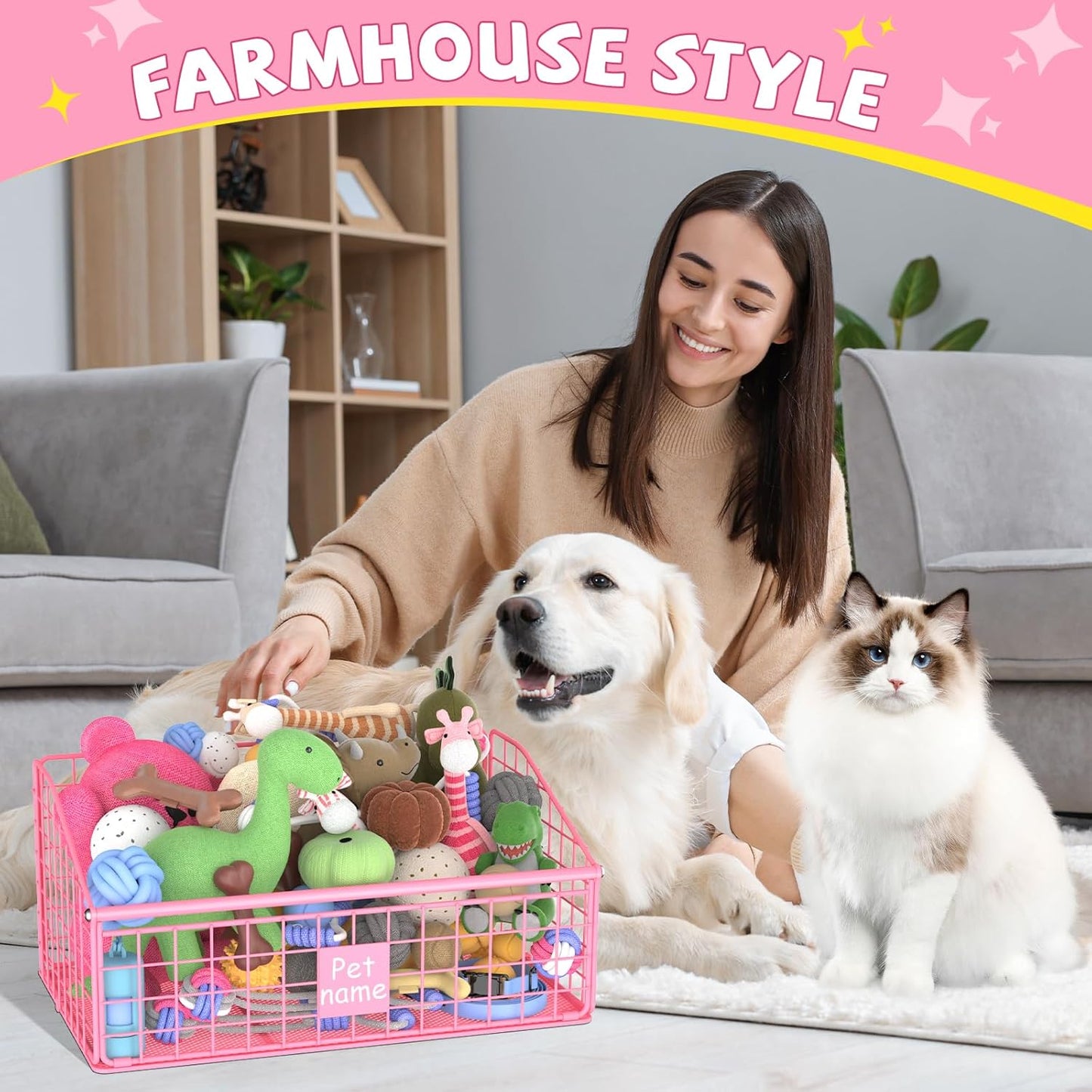 Indestructible Dog Toy basket, Medium Toy Box for Dogs,Pet Toy Bin Dog Metal Basket for Toys, Toy Storage Organizer, Living Room Area (Pink)