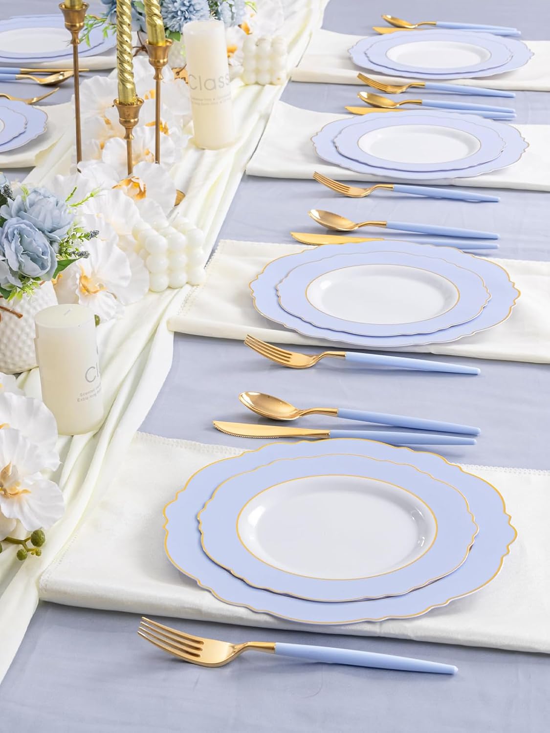 WDF 60pcs Blue Plates Disposable With Gold Rim - Baroque Baby Blue Plastic Party Plates for Wedding/Party/Baby Shower