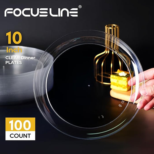 FOCUSLINE 100 Count Clear Plastic Plates 10 Inch, Disposable Dinner Plates Heavy Duty- Premium Clear Hard Plastic for Weddings, Parties and Events