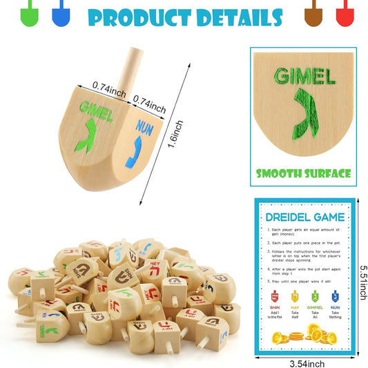 Wettarn 100 Pieces Hanukkah Dreidels Bulk Wooden Hanukkah Dreidels with Game Instruction Cards for Party Game(Size 1,Classic Style)