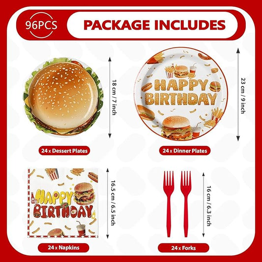 Grencian 96Pcs BBQ Birthday Party Decoration Fast Food Hamburger Plates and Napkins Disposable Barbecue Supplies Picnic Tableware for Food Themed Birthday Party Decorations Serves 24