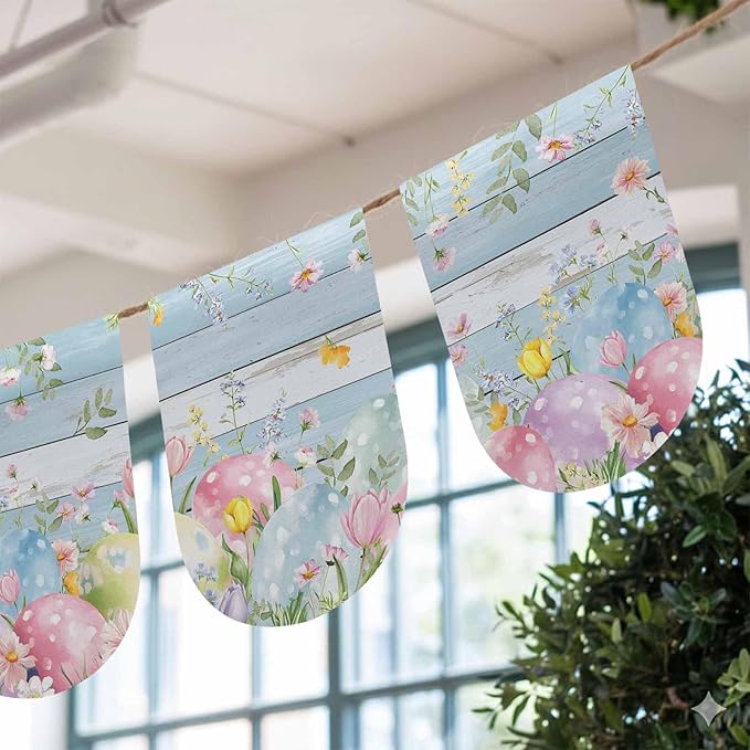 Easter Eggs Banner 3Pcs Indoor Outdoor Hanging Banner Flag Spring Daisy Eucalyptus Leaves Light Blue Wood Sign for Fireplace Mantel Decorative Bunting Garland Valance for Shop Door Decor 7.9"x11.8"