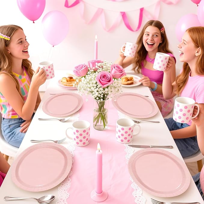 Grencian 50Pcs Pink Oval Paper Plates 10" x 12" Large Disposable 400GSM Heavy Duty Light Pink Paper Plates for Valentine's Day Girls Women Birthday Wedding Bridal Shower Baby Shower Party Supplies