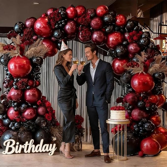 Black Red Balloon Arch Double Stuffed Black Burgundy Maroon Balloons Dark Ruby Red Metallic Balloon Garland Kit for New Year Birthday Wedding Valentines Anniversary Graduation Party Decorations