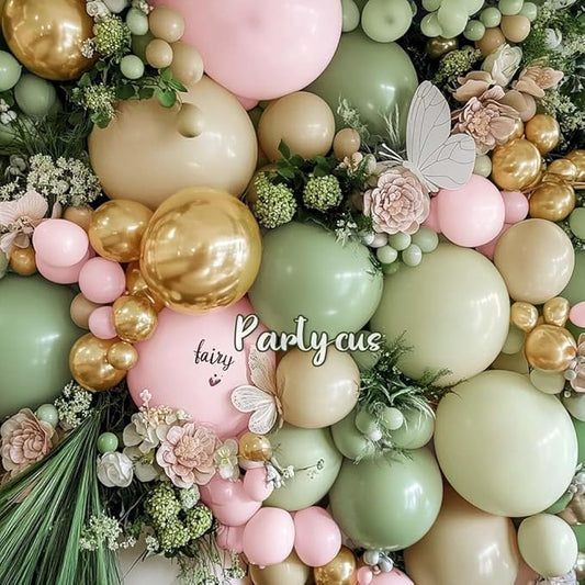 Dusty Green Pink Balloon Arch Double Stuffed, Sage Mint Green Baby Pink White Sand Cream Gold Pastel Balloon Garland Kit for Baby in Bloom Birthday Wedding Easter Dinosaur Valentines Party