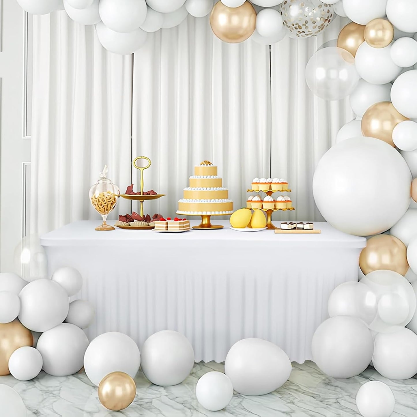Table Skirts for 6ft Rectangle Tables - 2PCS White Table Covers for 6 Foot Tables, Wrinkle Resistant Ruffles Elastic Table Cloths and Table Skirt for Banquets/Weddings/Parties/Birthday