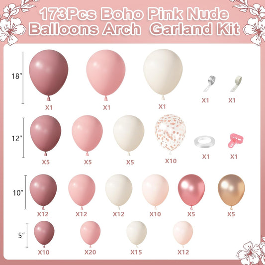 Amandir 173Pcs Dusty Rose Pink Nude Balloon Garland Arch Kit, 18In Retro Blush Peach Mauve White Sand Gold Confetti Balloons for Girl Baby Shower Wedding Boho Birthday Party Decorations