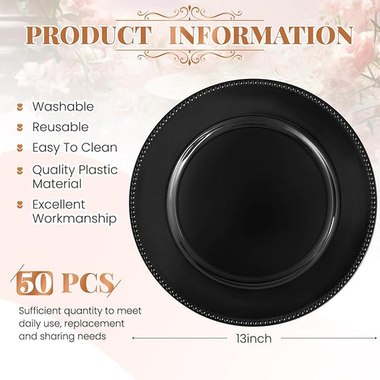 50 Pcs Black Charger Plates Bulk, 13" Round Beaded Plate Chargers for Dinner Plates, Decorative Dinner Chargers Plastic Table Chargers for Wedding Holiday Party Baby Shower Event Decoration (Black)