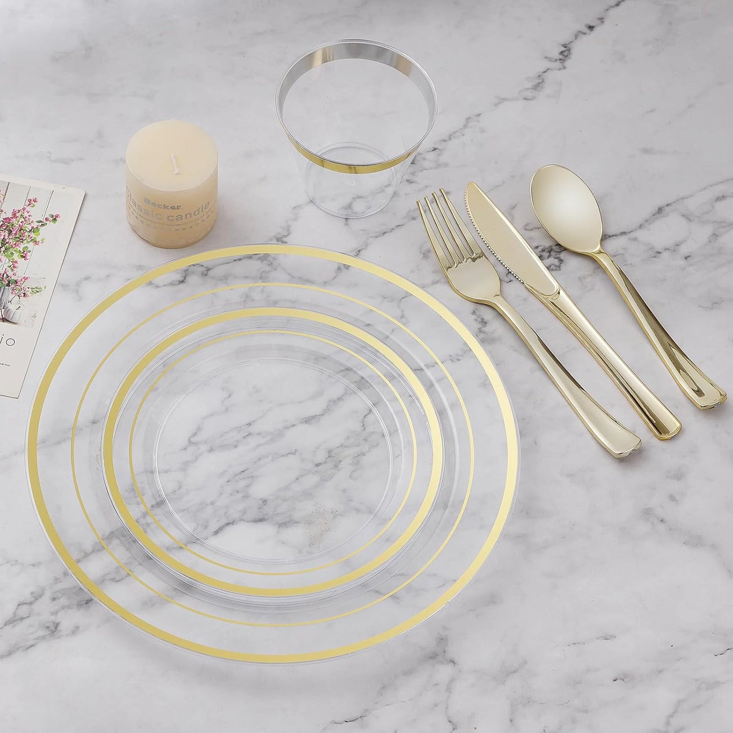 BESTVIP 150PCS Plastic Dinnerware Set (25 Guests), Clear Gold Disposable Plates for Party, Wedding, Christmas, Anniversary, Includes: Dinner Plates, Dessert Plates, Cups, Spoons, Forks and Knives