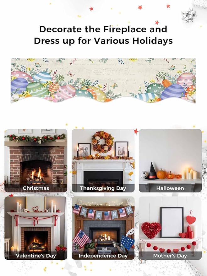 Easter Eggs Fireplace Mantel Scarf Table Runner, Farmhouse Spring Botanicals Plants Butterfly Winter Garland Mantel Top Tablerunners Dresser Scarves Cover for Windows Party Living Room 90''x17''