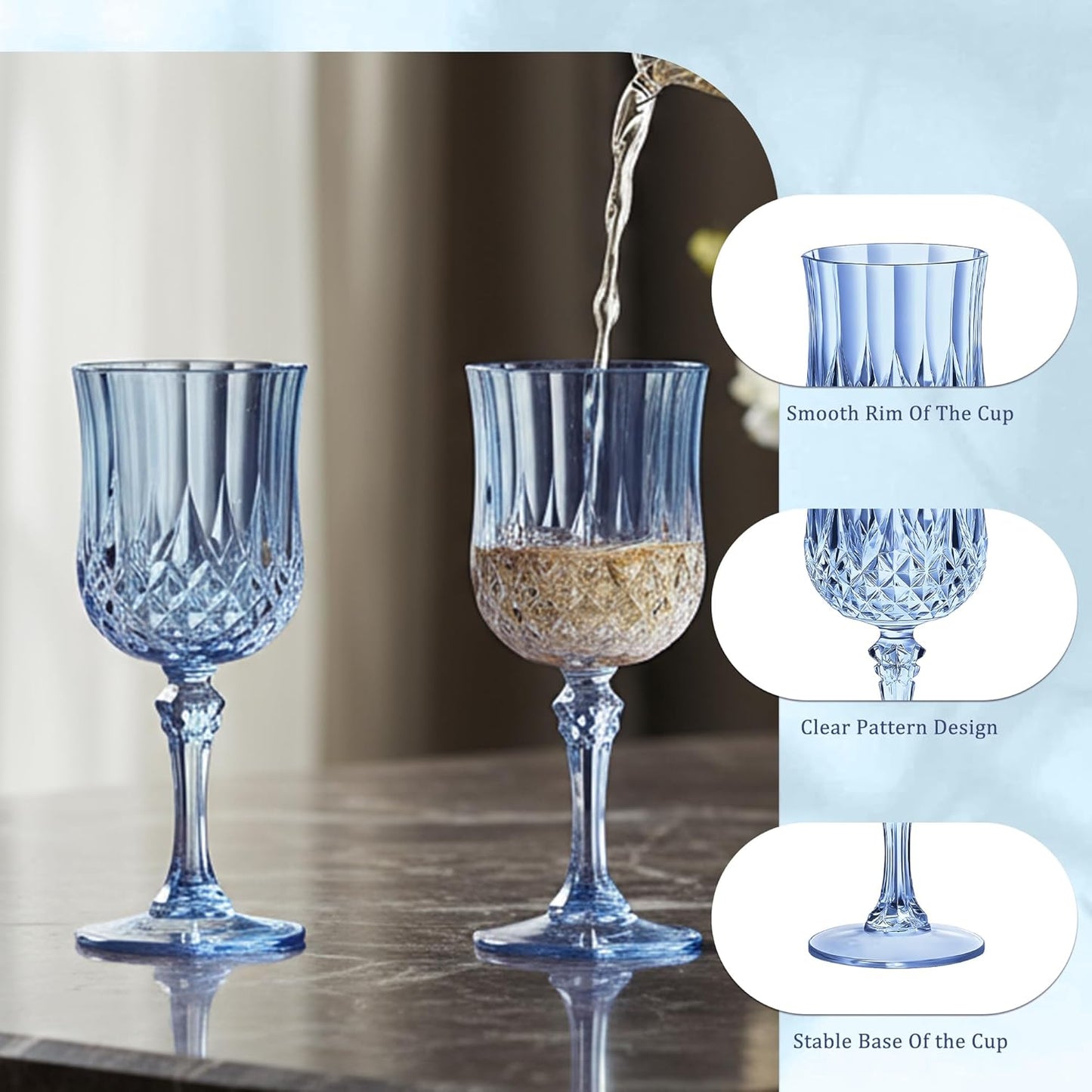 24PCS 7OZ Blue Wine Plastic Glasses, Drinking Champagne Glasses Flutes Crystal Vintage Water Unbreakable Goblets for Wedding, Parties