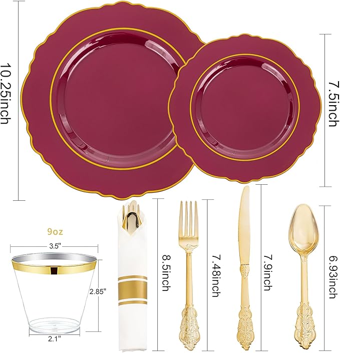 Liacere 175PCS Red Plastic Plates - Disposable Burgundy Red and Gold - 25guest Baroque Plastic Dinnerware include 50Plates, 25Pack Pre Rolled Napkins with Silverware 25Cups for Party