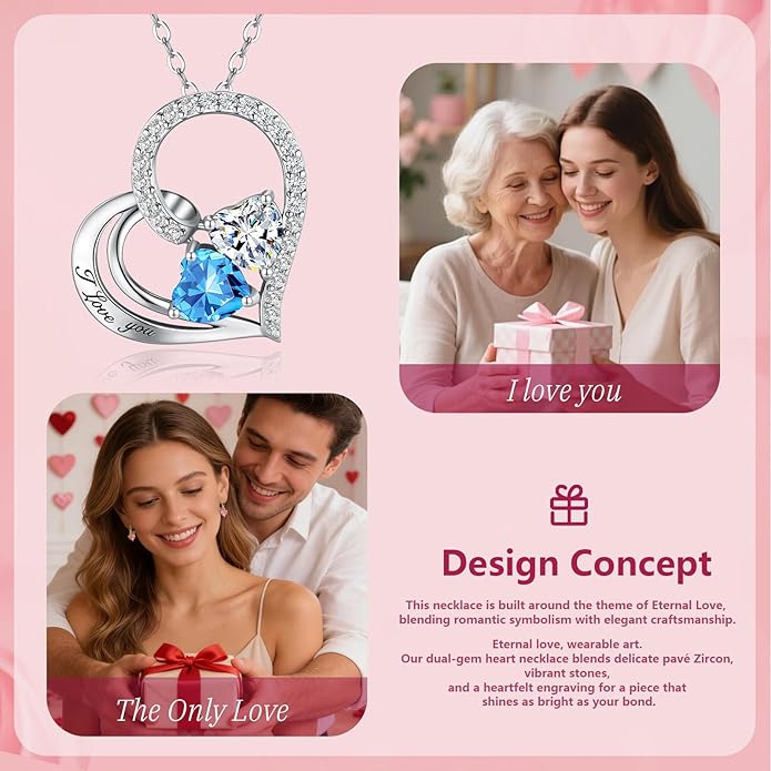 Double Birthstone Heart Necklace 0.8CT Dual-Gemstone S925 Sterling Silver Plated White Gold Engraved I Love You Perfect Anniversary/Valentine's Day Gift for Wife/Girlfriend/Mom/Daughter