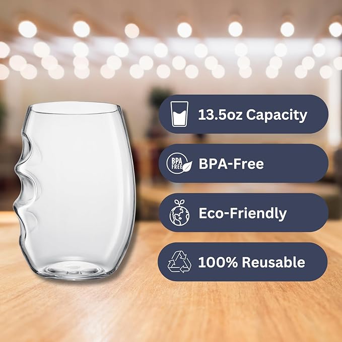 Unbreakable European Plastic Crystal, Stemless Wine Glasses | Set of 4, 13.5 OZ | Acrylic Tritan Set with 3-Finger Indentations - Clear Short Tumbler Set, BPA Free, Reusable, Naturally Aerates Wine