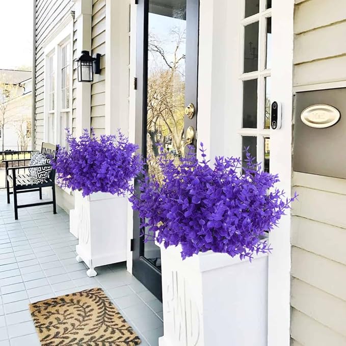 RECUTMS Artificial Plants Outdoor Artificial Ferns for Outdoors Purple Plants Outside Plastic Flowers for Outdoor Artificial Boxwood Greenery Fake Plants for Window Box(Pure Purple Eucalyptus)