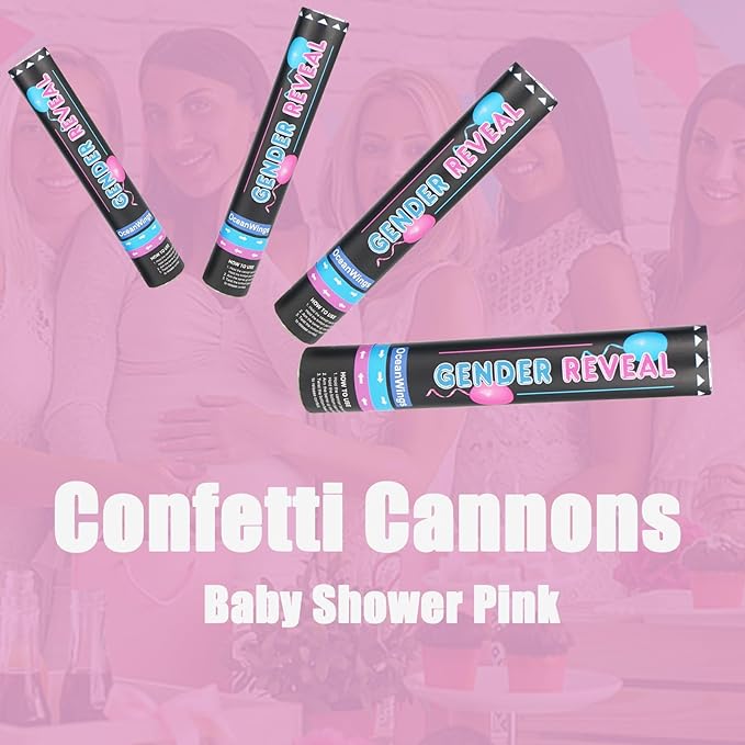 Gender Reveal Pink Confetti Cannon,Biodegradable Party Poppers for Girl, Baby Gender Reveal Decoration Ideas Party Favors 2 Pack